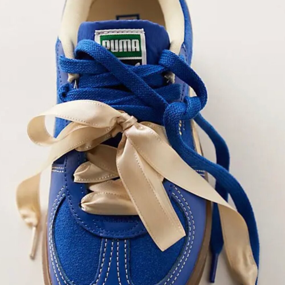 Puma Women's Royal Blue Suede Athletic Sneakers with Cream Satin Ribbon Laces